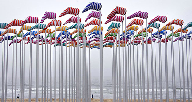 A creation made with Wind cones designed by French conceptual artist Buren is seen in De Haan