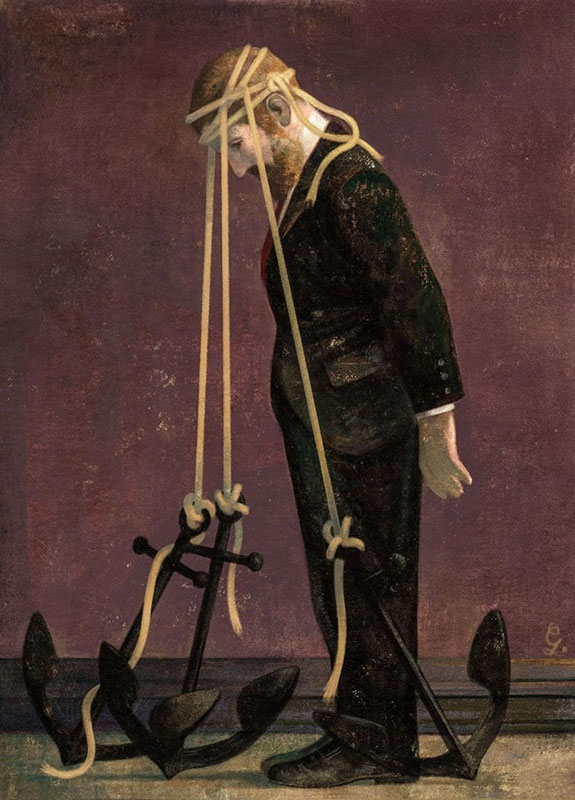 ilustracija čoveka kome su za glavu privezana tri sidra