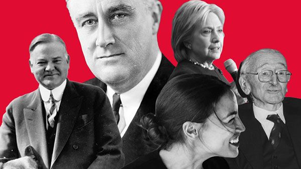 Kolaž portreta na crvenoj pozadini: Fridrih Hajek, Herbert Huver, Frenklin Ruzvelt, Hilari Klinton, Aleksandria Okasio-Kortez