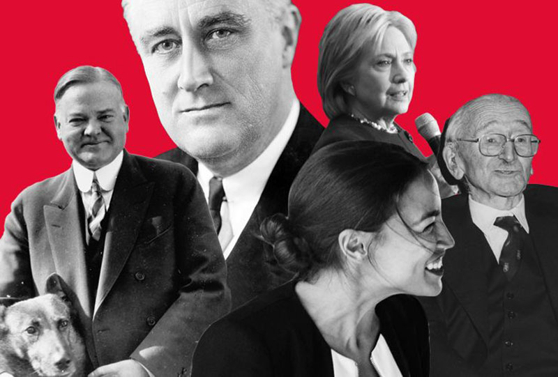 Kolaž portreta na crvenoj pozadini: Fridrih Hajek, Herbert Huver, Frenklin Ruzvelt, Hilari Klinton, Aleksandria Okasio-Kortez