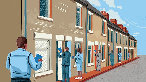 Ilustracija: Ljudi agituju od vrata do vrata za EU izbore