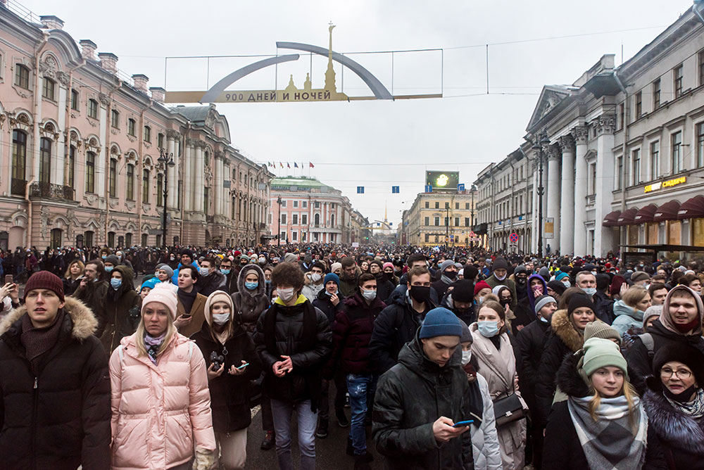 Protesti podrške Navaljnom, Nevski prospekt, Sankt Peterburg, 24. januar 2021.