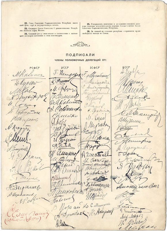 Deklaracija o formiranju SSSR-a, 1922, str. 3 sa potpisima, Wikipedia