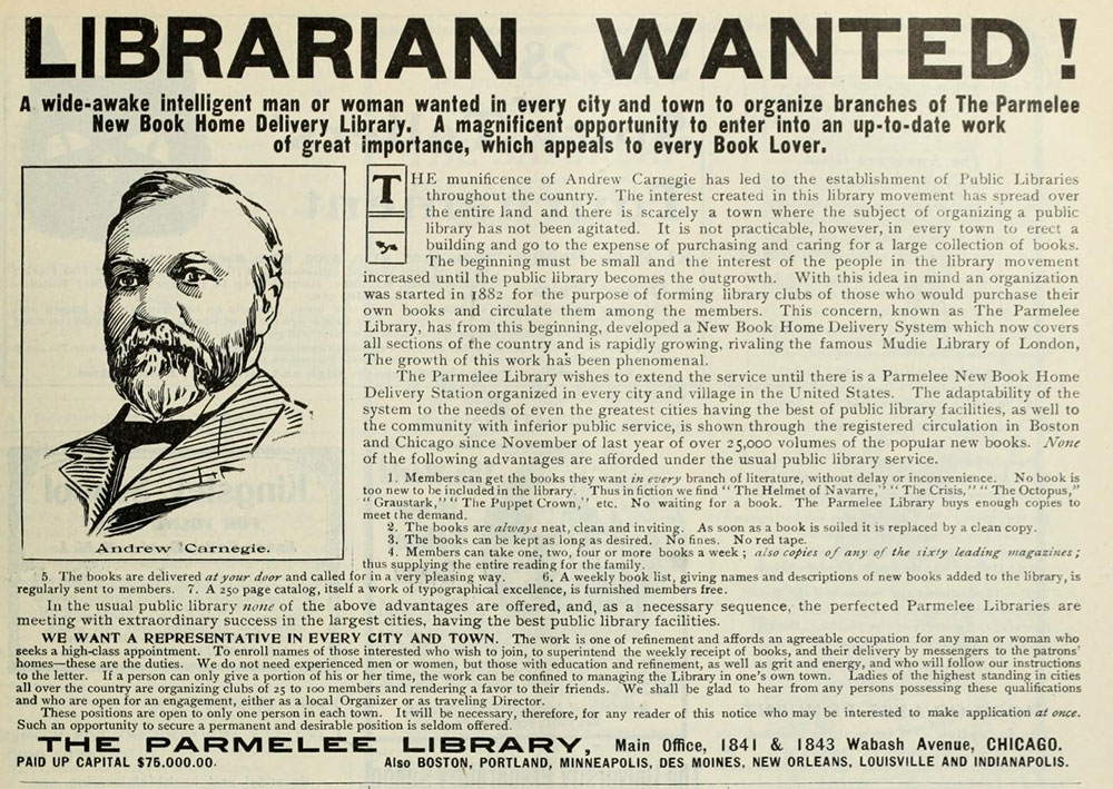 Potrebni bibliotekari, oglas od 1.1.1901, foto: The Literary Digest/Wikimedia Commons